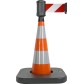 Traffic cone with weighted base and retractable strap