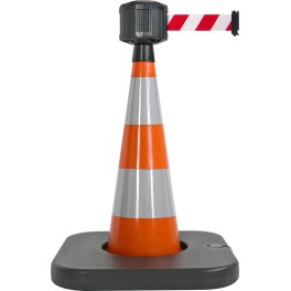 Traffic cone with weighted base and retractable strap