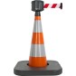 Traffic cone with weighted base and retractable strap