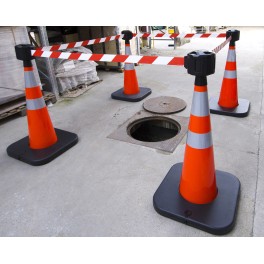 Traffic cone with weighted base and retractable strap