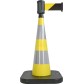 Traffic cone with weighted base and retractable strap