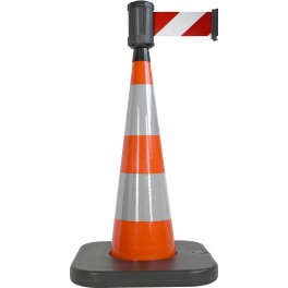 Traffic cone with weighted base and retractable strap