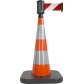 Traffic cone with weighted base and retractable strap