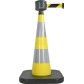 Traffic cone with weighted base and retractable strap