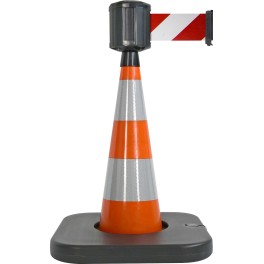 Traffic cone with weighted base and retractable strap