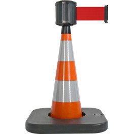 Traffic cone with weighted base and retractable strap