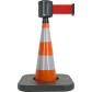 Traffic cone with weighted base and retractable strap