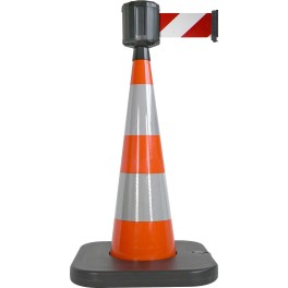 Traffic cone with weighted base and retractable strap