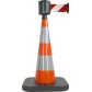 Traffic cone with weighted base and retractable strap