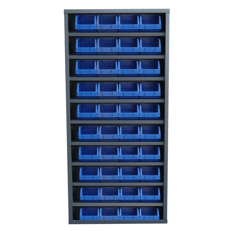 Storage cabinet with bins and without doors