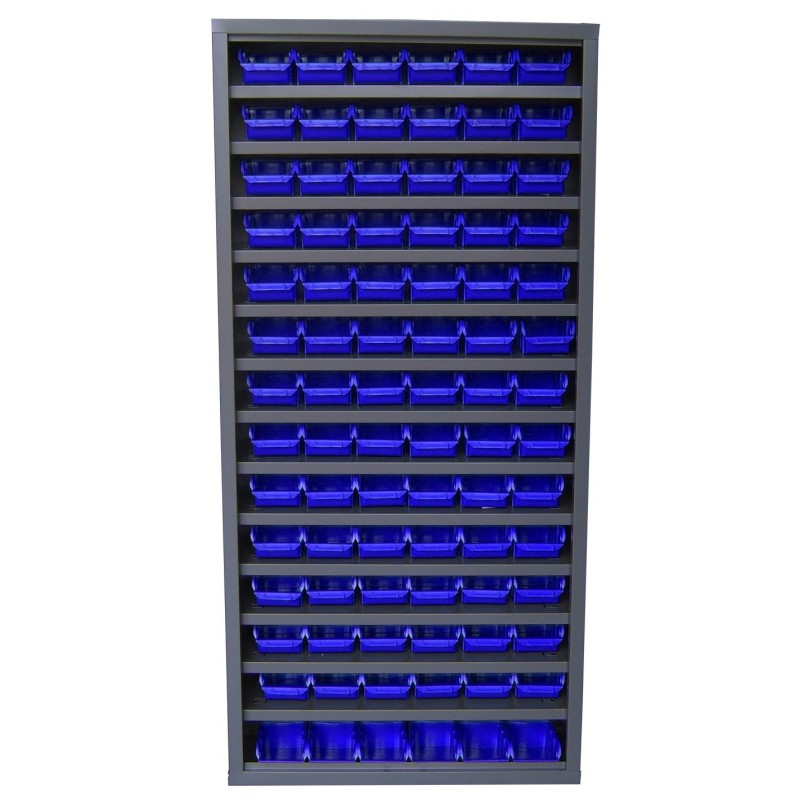 Storage cabinet with bins and without doors